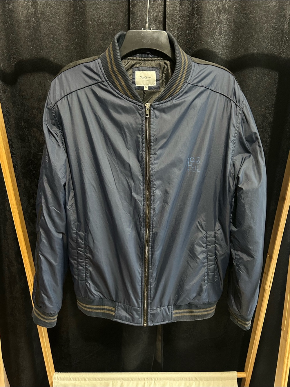 Vintage Pepe Jeans Navy Bomber Jacket with Striped Trim
